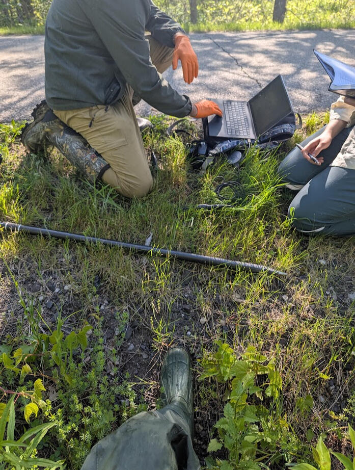 Obtaining GIS data, and collecting water loggers, D'Aubigny Creek, ON.